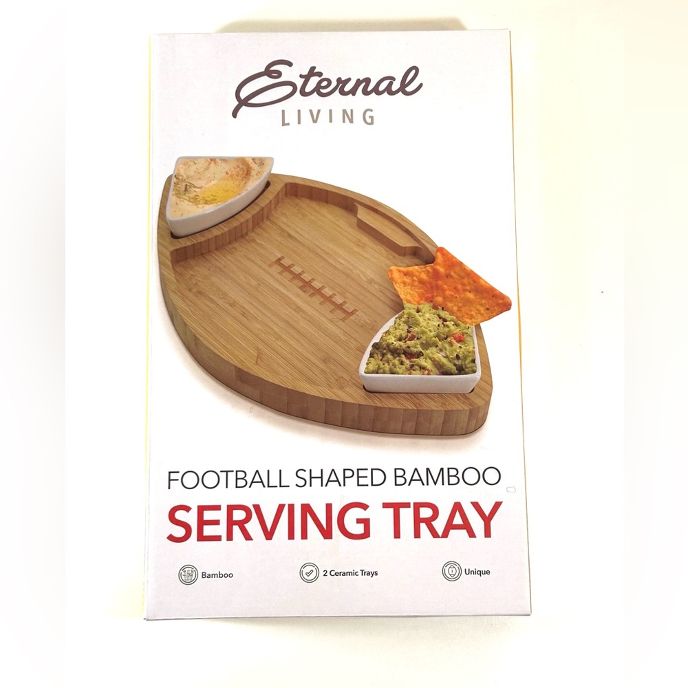 Bamboo Football Serving Tray with Ceramic Dishes